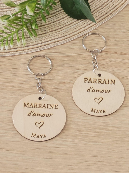 Porte-clés en bois personnalisé parrain mamie maman papa, grands pères, papy, marraine, maitresse