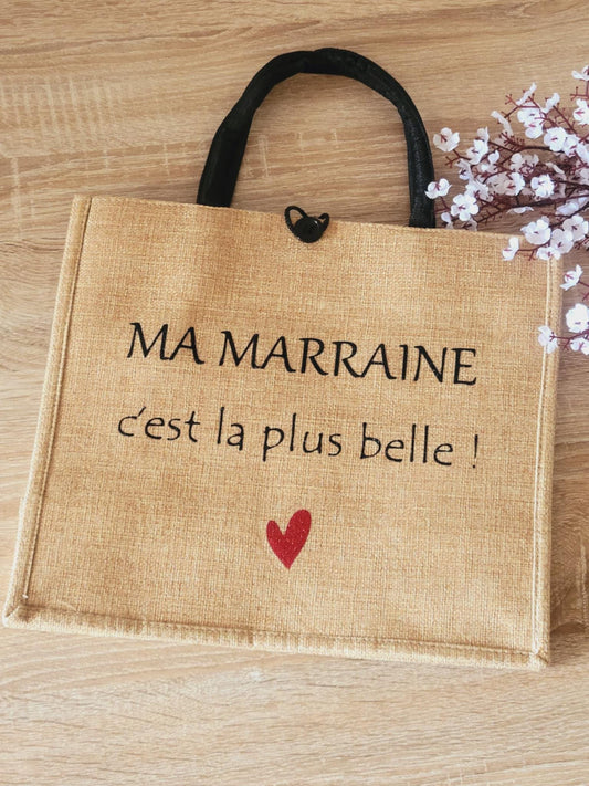Sac cabas en jute et pochette personnalisées / cadeau marraine / cadeau maman / idée cadeau pour elle