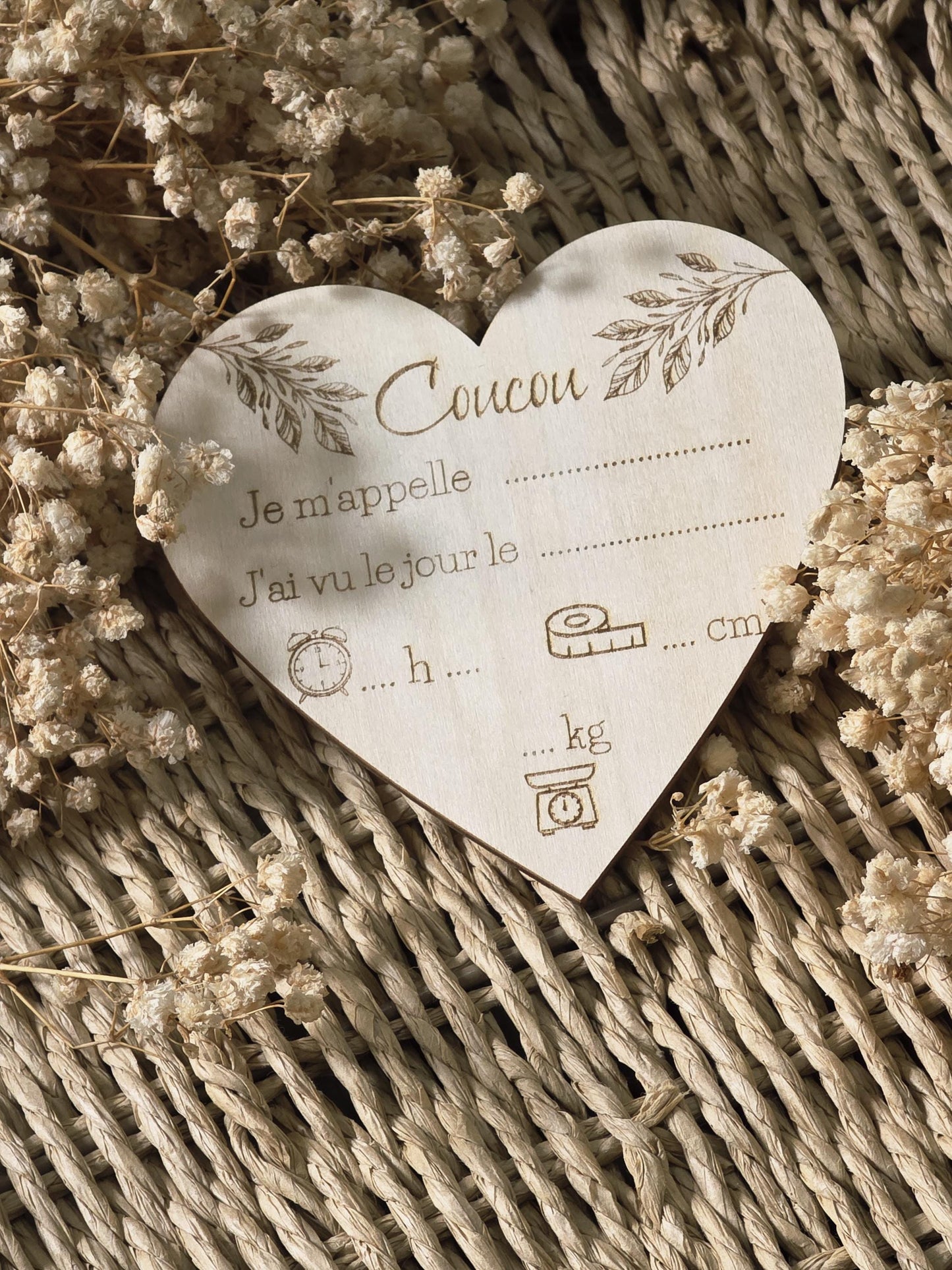 Carte naissance bébé personnalisée en bois forme cœur ,Carte bienvenue bébé, Souvenir de naissance, Cadeau de Naissance, cadeau bébé, prénom