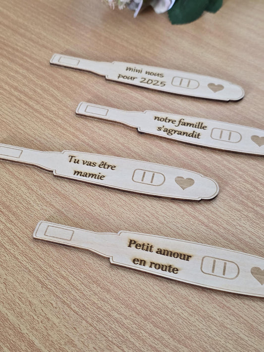 test de grossesse en bois, annonce grossesse personnalisé