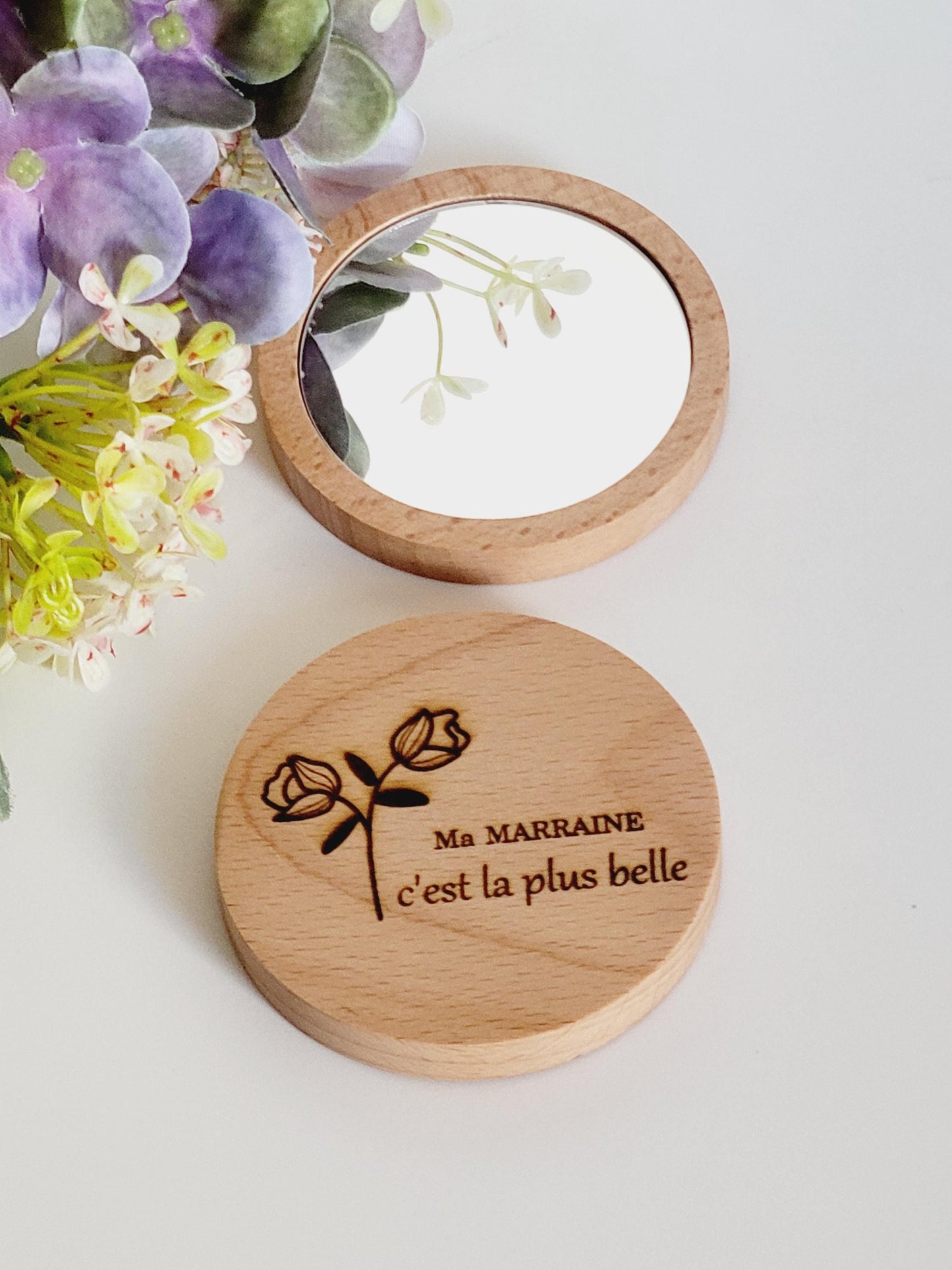 Miroir de poche en bois, idée cadeau personnalisé - mariage, fêtes, maman, grand-mère, mamie, tata, marraine