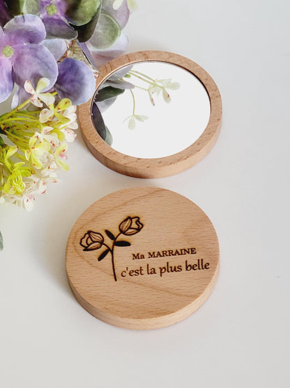 Miroir de poche en bois, idée cadeau personnalisé - mariage, fêtes, maman, grand-mère, mamie, tata, marraine