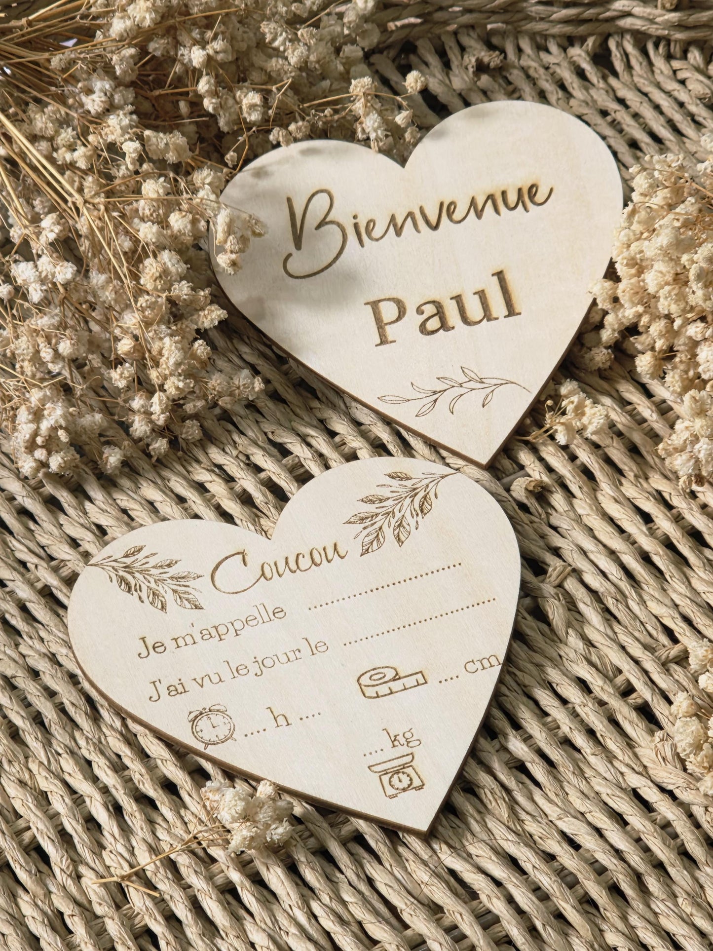 Carte naissance bébé personnalisée en bois forme cœur ,Carte bienvenue bébé, Souvenir de naissance, Cadeau de Naissance, cadeau bébé, prénom