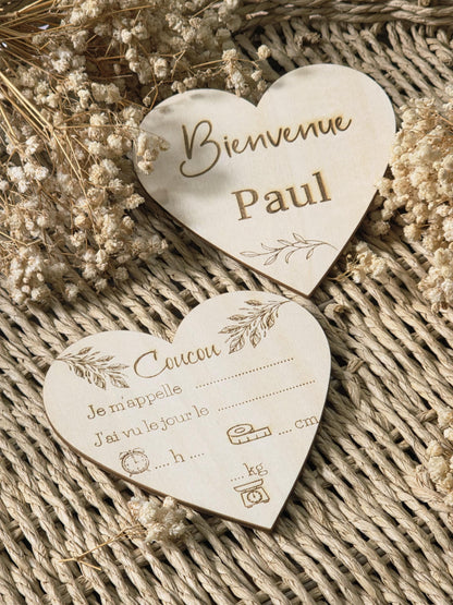 Carte naissance bébé personnalisée en bois forme cœur ,Carte bienvenue bébé, Souvenir de naissance, Cadeau de Naissance, cadeau bébé, prénom