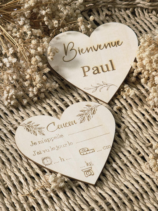 Carte naissance bébé personnalisée en bois forme cœur ,Carte bienvenue bébé, Souvenir de naissance, Cadeau de Naissance, cadeau bébé, prénom