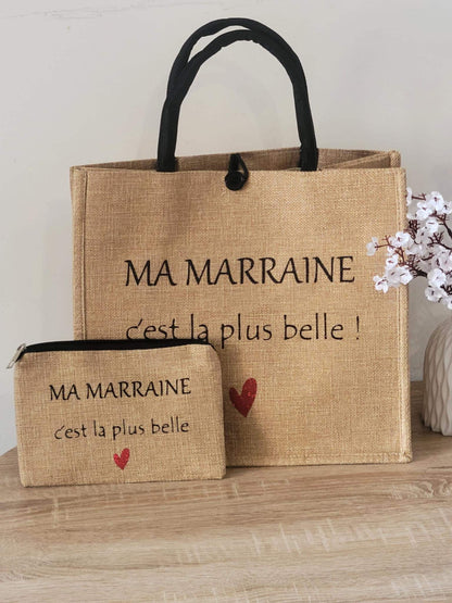 Sac cabas en jute et pochette  personnalisées / cadeau marraine / cadeau maman / idée cadeau pour elle