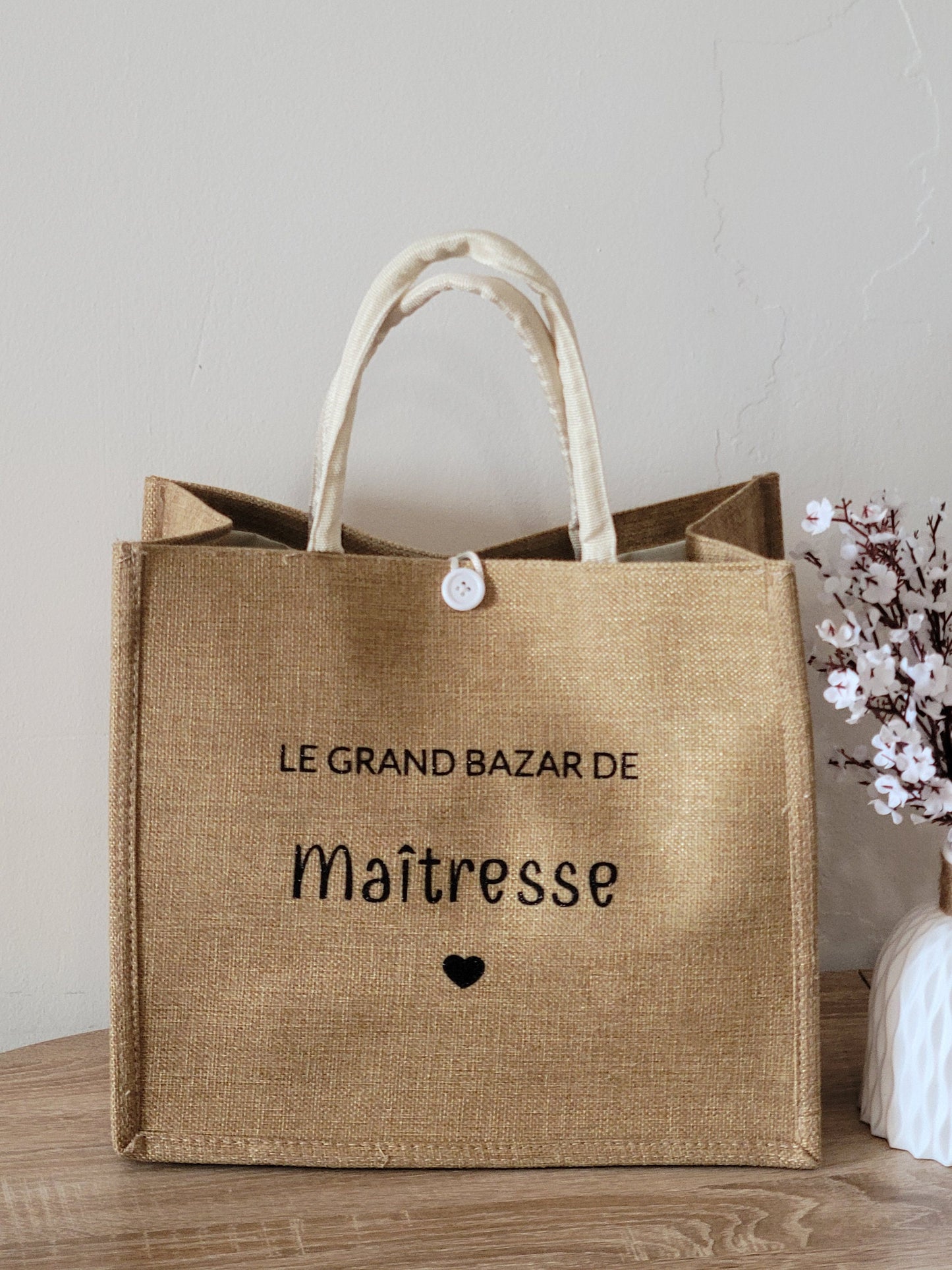 Sac cabas en jute et trousse personnalisées / cadeau maîtresse / cadeau maman / idée cadeau pour elle