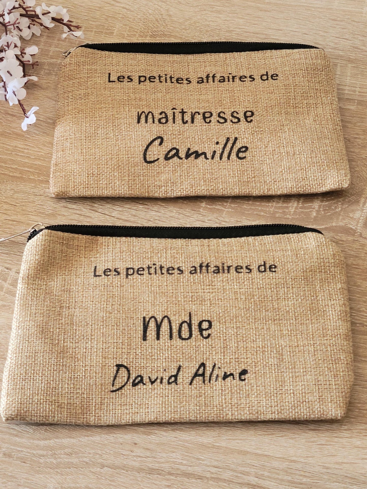 Pochette personnalisée / trousse maquillage personnalisée / pochette personnalisée / pochette en jute pour maîtresse , mamie , marraine
