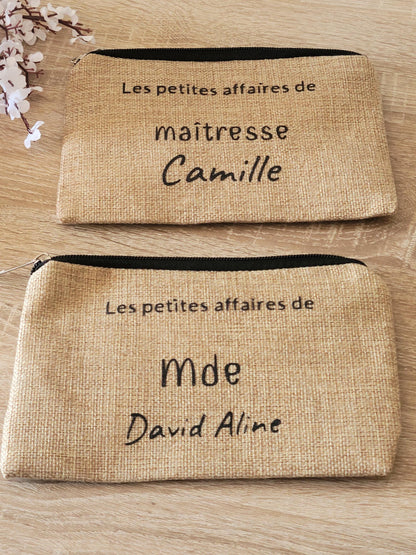 Pochette personnalisée / trousse maquillage personnalisée / pochette personnalisée / pochette en jute pour maîtresse , mamie , marraine