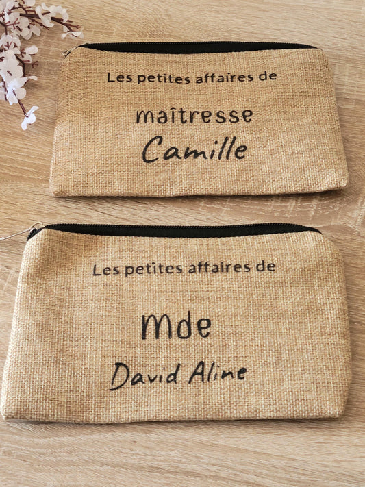 Pochette personnalisée / trousse maquillage personnalisée / pochette personnalisée / pochette en jute pour maîtresse , mamie , marraine