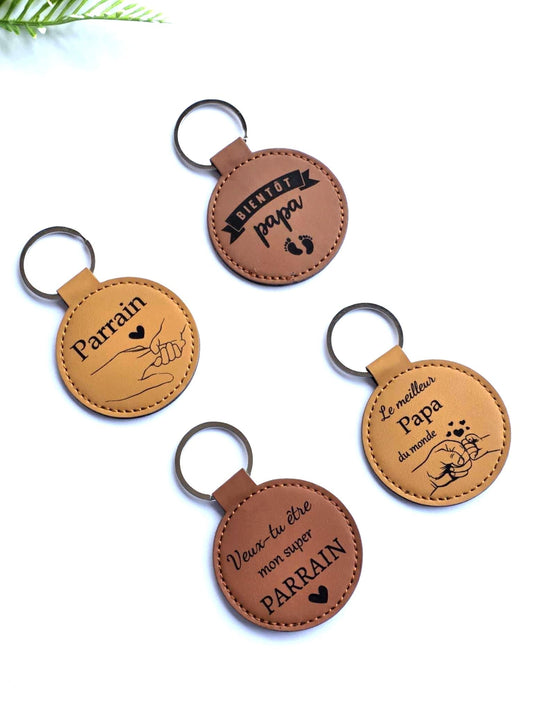 Porte clés  rond en cuir personnalisé - Cadeau anniversaire, parrain, fête des mères, papy, pères, grands-pères, grossesse , demande parrain
