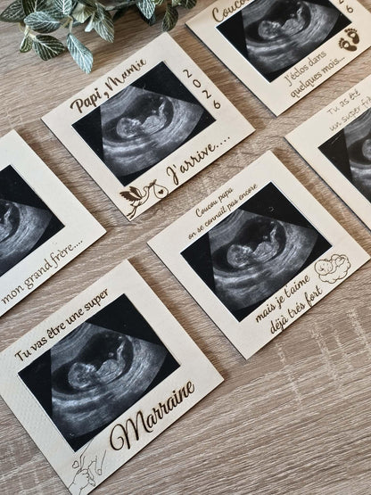 Magnets Cadre Annonce de Grossesse Personnalisés en Bois (Papi, Mamie, Marraine, Tonton)