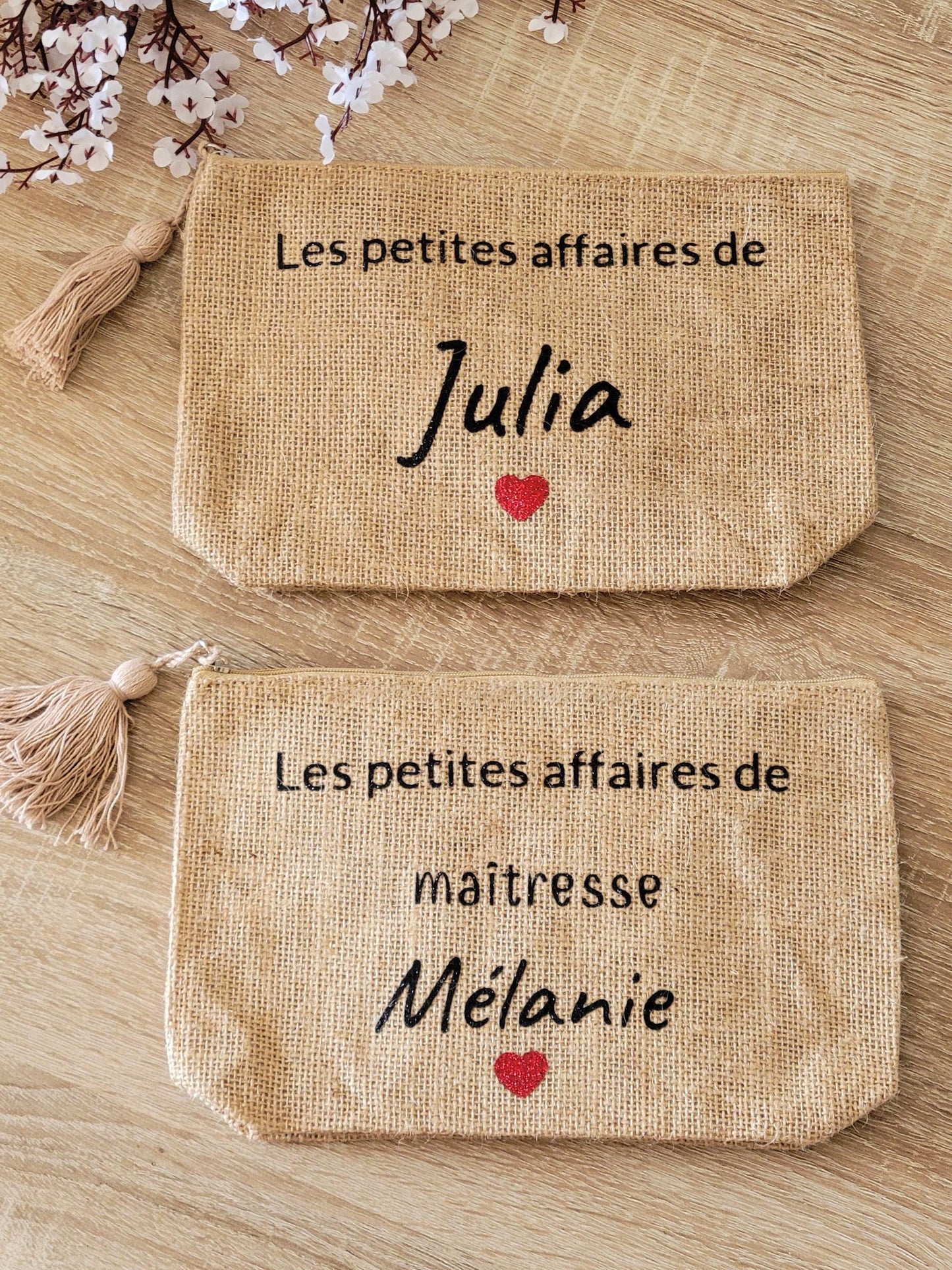 Pochette personnalisée / trousse maquillage personnalisée / pochette personnalisée / pochette en jute pour maîtresse , mamie , marraine