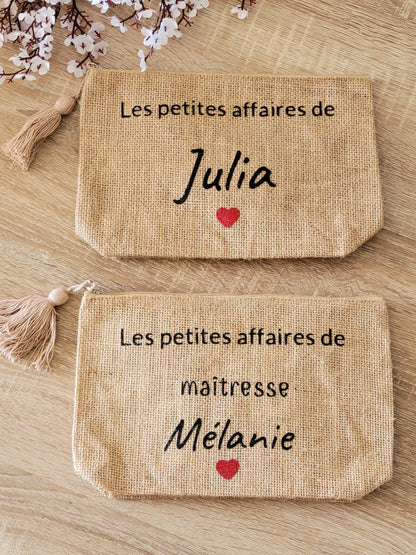 Pochette personnalisée / trousse maquillage personnalisée / pochette personnalisée / pochette en jute pour maîtresse , mamie , marraine
