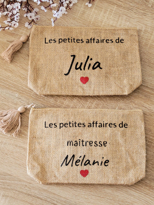 Pochette personnalisée / trousse maquillage personnalisée / pochette personnalisée / pochette en jute pour maîtresse , mamie , marraine