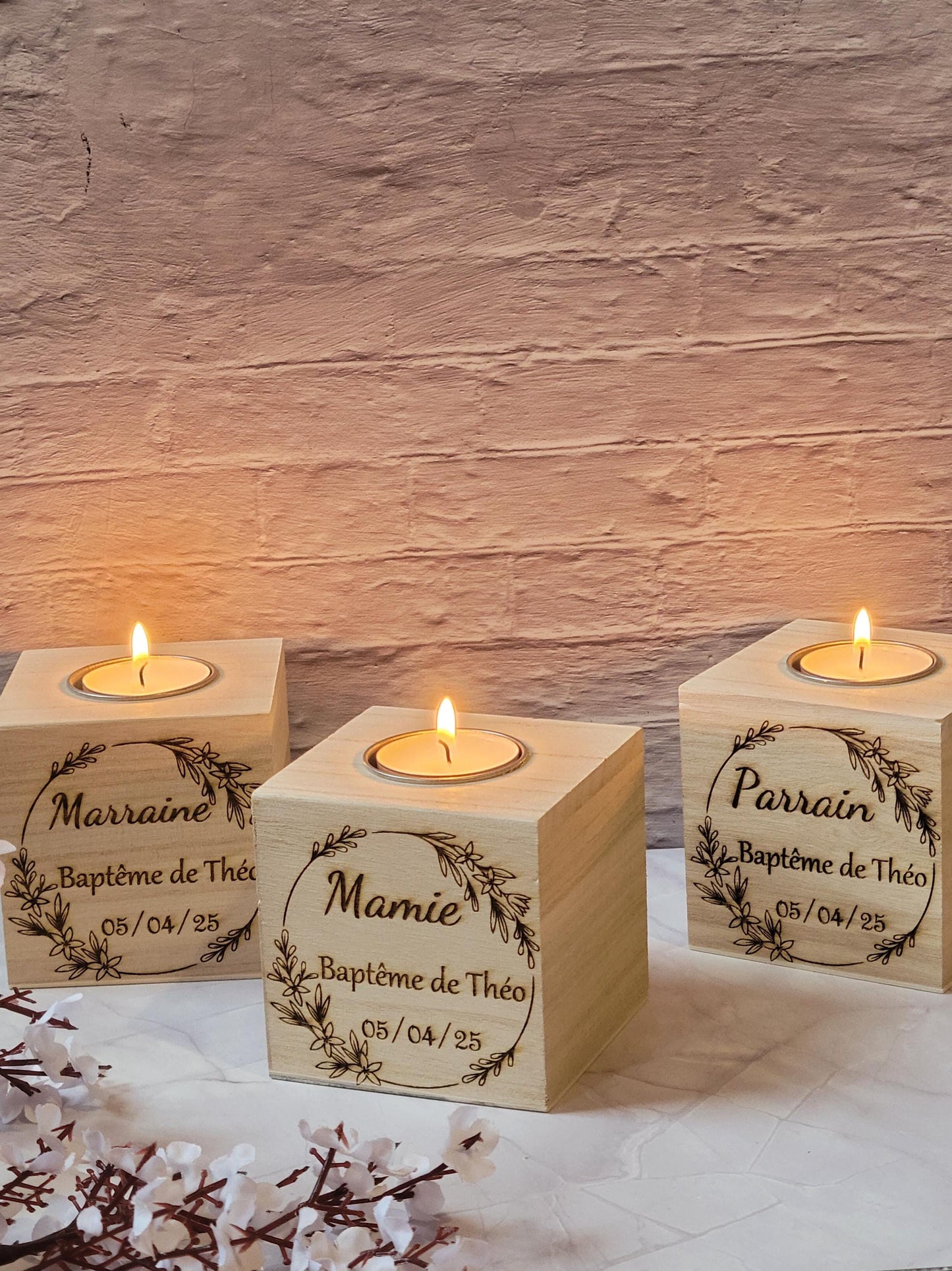 Bougeoir cube bois personnalisable gravure laser - maman - mamie - nounou  - Noël - Mariage - Atsem - Maitresse -marraine