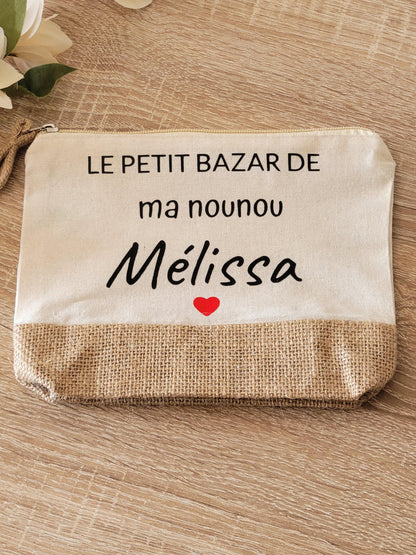 cadeau maîtresse / cadeau Atsem / cadeau fête des mères / cadeau femme sac  jute et coton avec une petite trousse