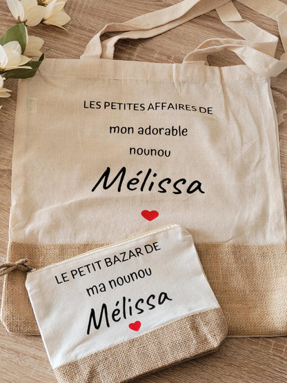 cadeau maîtresse / cadeau Atsem / cadeau fête des mères / cadeau femme sac  jute et coton avec une petite trousse
