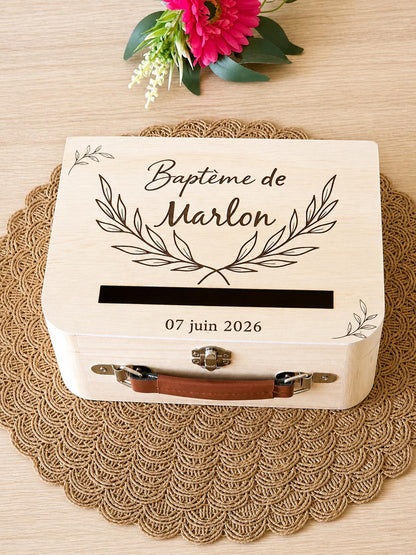 Urne baptême personnalisée bois – boîte souvenirs enfant – urne enveloppes baptême – décoration baptême naturelle – cadeau personnalisé bébé