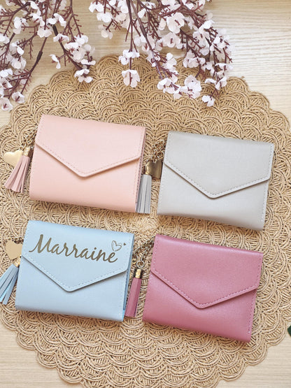 Portefeuille compact personnalisé – Porte-cartes en simili cuir avec prénom – Petit portefeuille femme élégant – Cadeau personnalisé