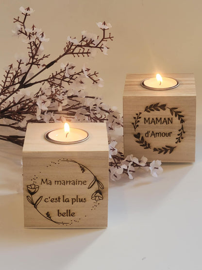 Bougeoir cube bois personnalisable gravure laser - maman - mamie - nounou  - Noël - Mariage - Atsem - Maitresse -marraine