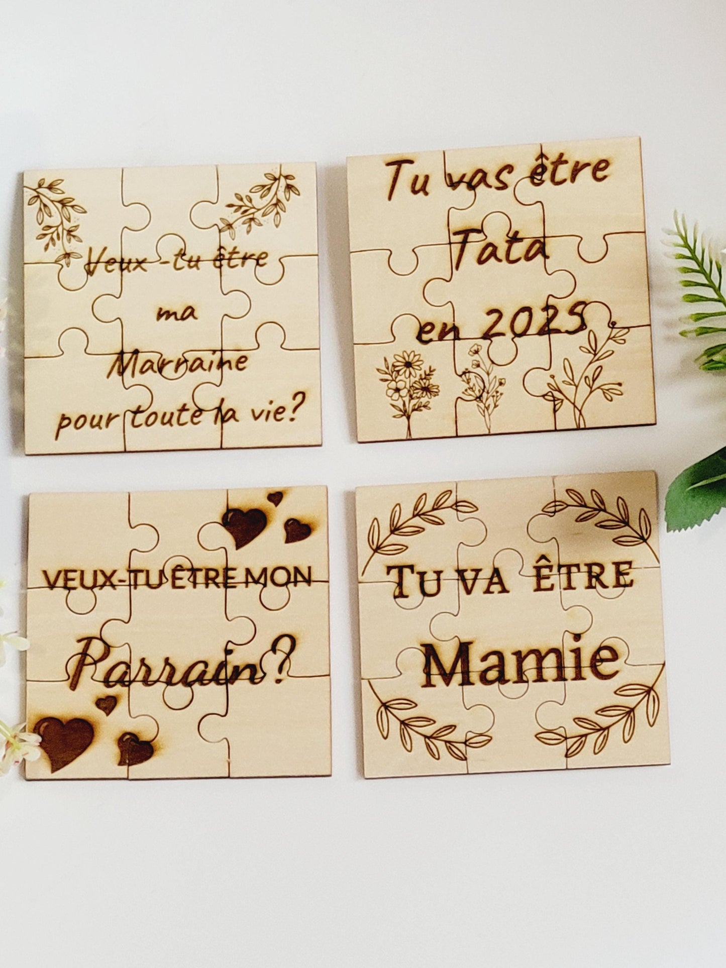 Puzzle annonce événements (pour parrain, marraine, naissance, prénom, voyage, mariage, tonton, tata, papi, mamie, grossesse, papa, parents)