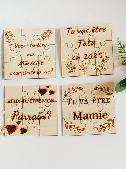Puzzle annonce événements (pour parrain, marraine, naissance, prénom, voyage, mariage, tonton, tata, papi, mamie, grossesse, papa, parents)