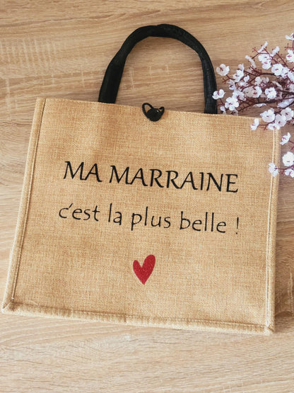 Sac cabas en jute et pochette  personnalisées / cadeau marraine / cadeau maman / idée cadeau pour elle