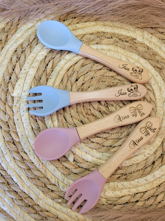 set couvets bébé personnalisées /Fourchette et cuillère en bois / idéal cadeau de naissance
