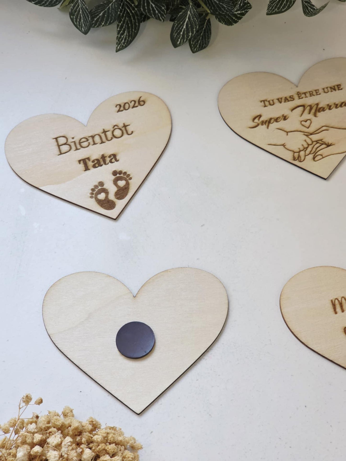 Magnet personnalisé forme cœur pour annonce de grossesse - Futur mamie et papi - Futur Marraine et Parrain - Futur bébé - Cadeau naissance