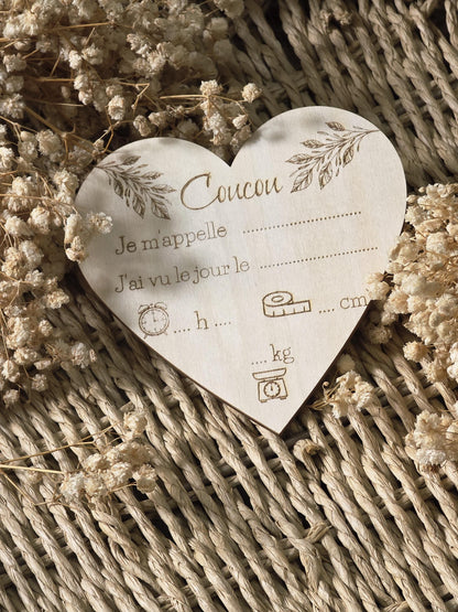 Carte naissance bébé personnalisée en bois forme cœur ,Carte bienvenue bébé, Souvenir de naissance, Cadeau de Naissance, cadeau bébé, prénom
