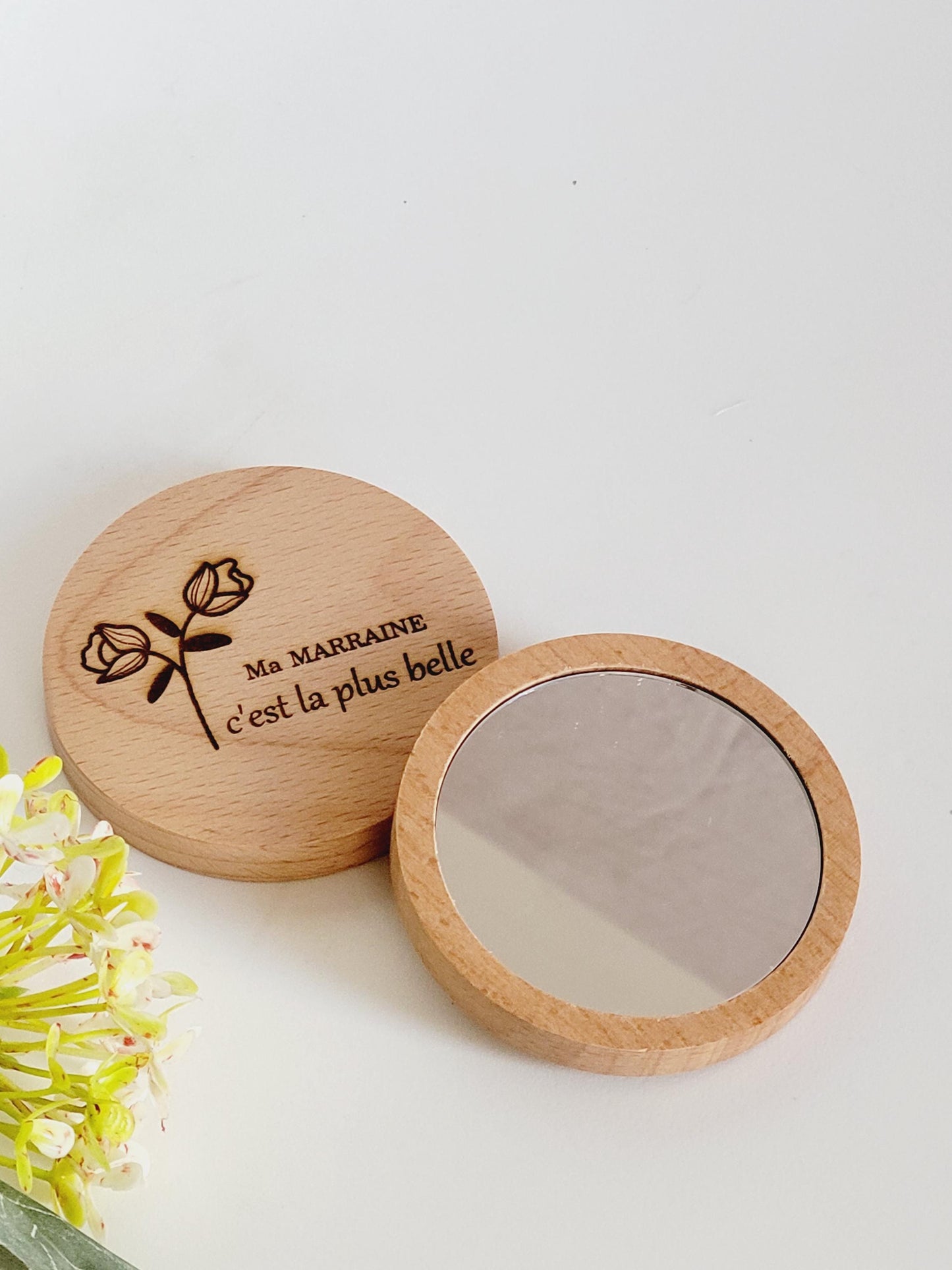 Miroir de poche en bois, idée cadeau personnalisé - mariage, fêtes, maman, grand-mère, mamie, tata, marraine