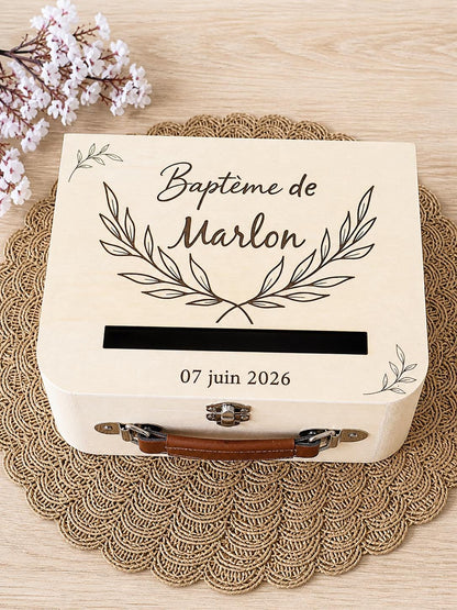 Urne baptême personnalisée bois – boîte souvenirs enfant – urne enveloppes baptême – décoration baptême naturelle – cadeau personnalisé bébé