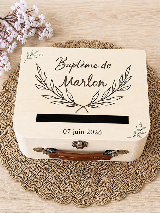 Urne baptême personnalisée bois – boîte souvenirs enfant – urne enveloppes baptême – décoration baptême naturelle – cadeau personnalisé bébé