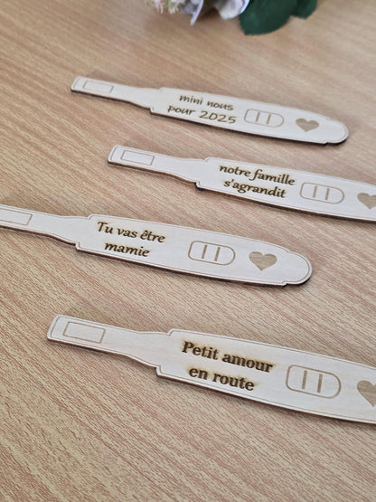 test de grossesse en bois, annonce grossesse personnalisé
