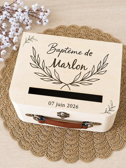 Urne baptême personnalisée bois – boîte souvenirs enfant – urne enveloppes baptême – décoration baptême naturelle – cadeau personnalisé bébé