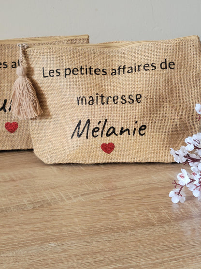 Pochette personnalisée / trousse maquillage personnalisée / pochette personnalisée / pochette en jute pour maîtresse , mamie , marraine