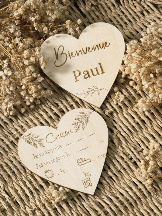 Carte naissance bébé personnalisée en bois forme cœur ,Carte bienvenue bébé, Souvenir de naissance, Cadeau de Naissance, cadeau bébé, prénom