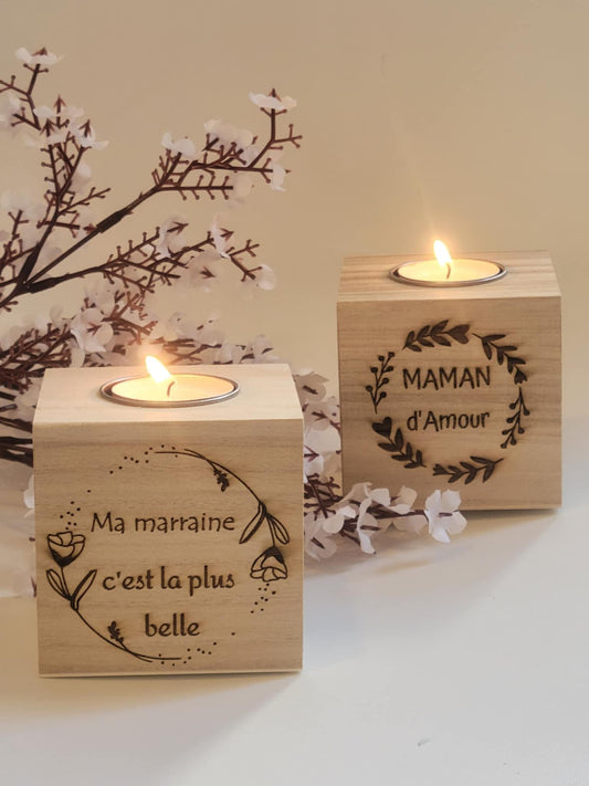 Bougeoir cube bois personnalisable gravure laser - maman - mamie - nounou  - Noël - Mariage - Atsem - Maitresse -marraine