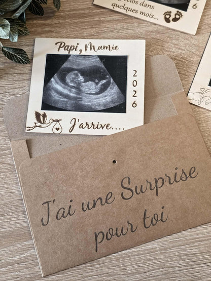 Magnets Cadre Annonce de Grossesse Personnalisés en Bois (Papi, Mamie, Marraine, Tonton)