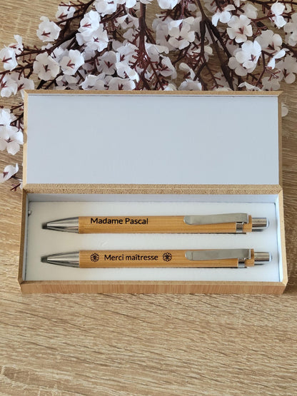 Coffret stylos en bois personnalisés / cadeau maîtresse / atsem / cadeau fête des pères et mères / cadeau mariage/ invités