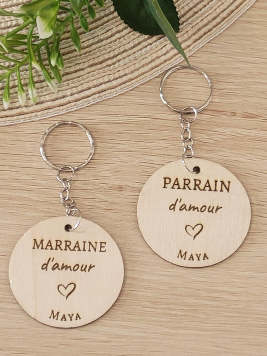 Porte-clés en bois personnalisé parrain mamie maman papa, grands pères, papy, marraine, maitresse