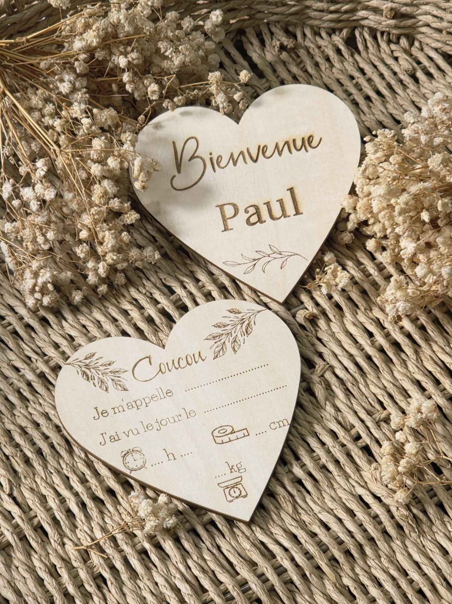 Carte naissance bébé personnalisée en bois forme cœur ,Carte bienvenue bébé, Souvenir de naissance, Cadeau de Naissance, cadeau bébé, prénom