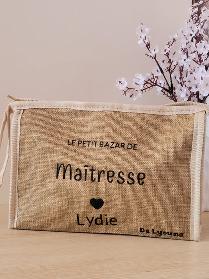 Sac cabas en jute et trousse personnalisées / cadeau maîtresse / cadeau maman / idée cadeau pour elle