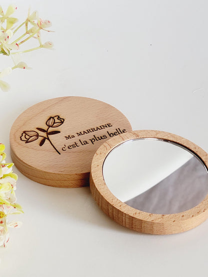 Miroir de poche en bois, idée cadeau personnalisé - mariage, fêtes, maman, grand-mère, mamie, tata, marraine