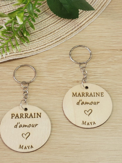 Porte-clés en bois personnalisé parrain mamie maman papa, grands pères, papy, marraine, maitresse
