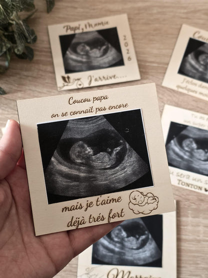 Magnets Cadre Annonce de Grossesse Personnalisés en Bois (Papi, Mamie, Marraine, Tonton)