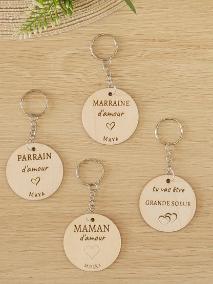 Porte-clés en bois personnalisé parrain mamie maman papa, grands pères, papy, marraine, maitresse