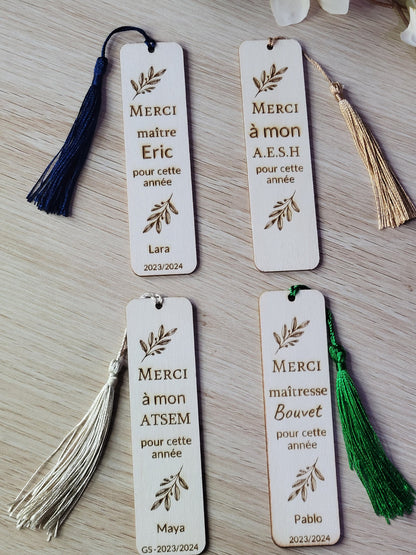 Marque page  en bois cadeau maîtresse  / maître / atsem / cadeau fin d'année scolaire /cadeau ASEH