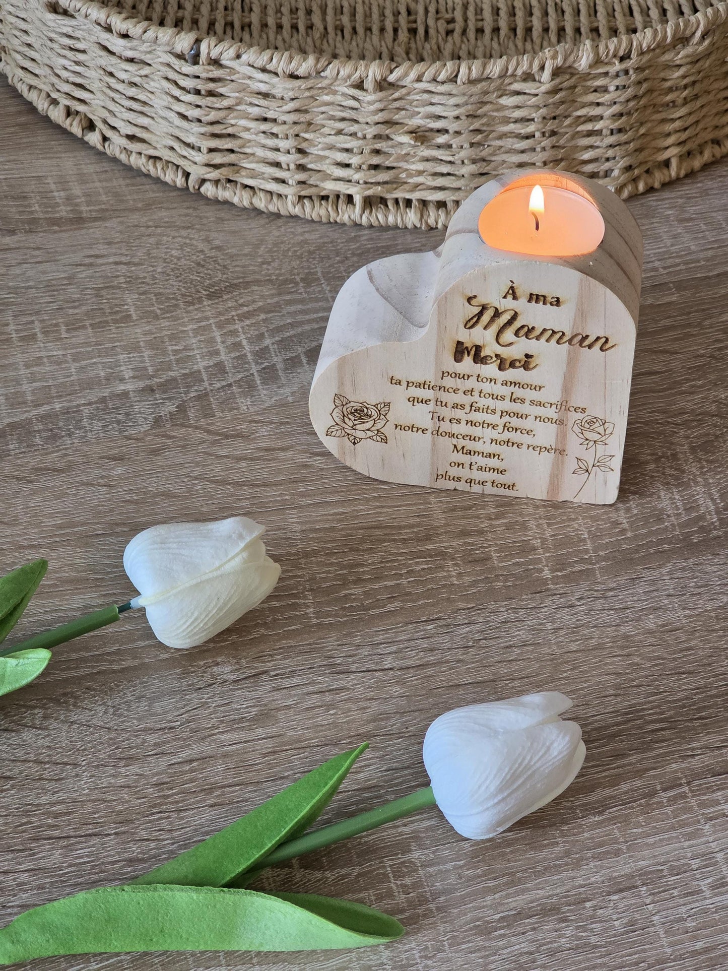 Bougeoir en  bois forme coeur personnalisable gravure laser - maman - mamie - nounou  - Noël - Mariage - Atsem - Maitresse -marraine